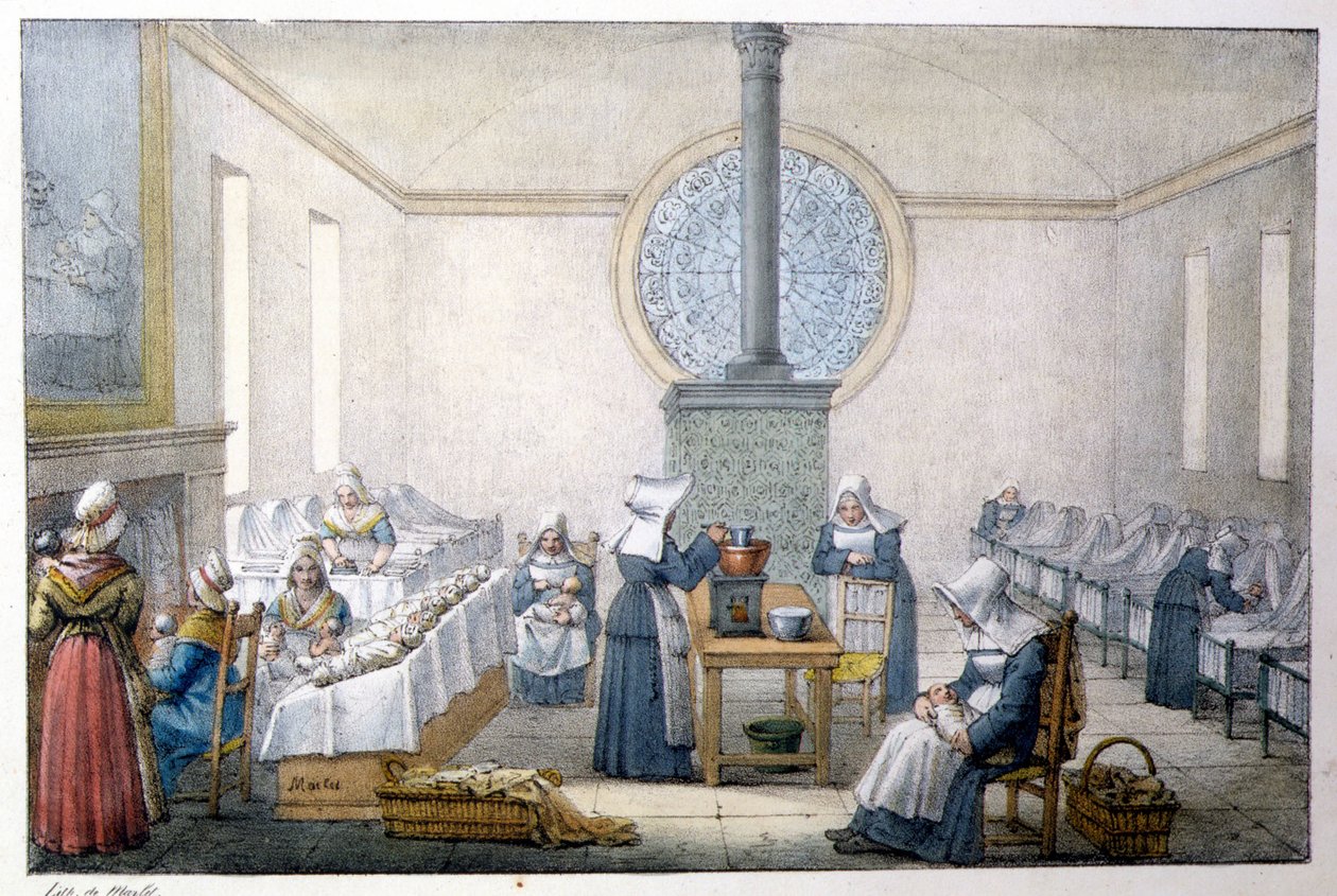 Odnalezione dzieci (sierociniec) - Litografia Marleta, koniec XIX wieku autorstwa Jean Henri Marlet