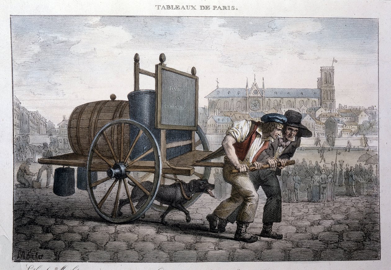 Dawny metier uliczny w Paryżu: kąpiel w domu (dwóch mężczyzn ciągnie wózek z beczką wypełnioną wodą). Grawer Jean Henry Marlet (1771-1847) w „”Les Tableaux de Paris””, seria 72 rycin, koniec XIX wieku. autorstwa Jean Henri Marlet