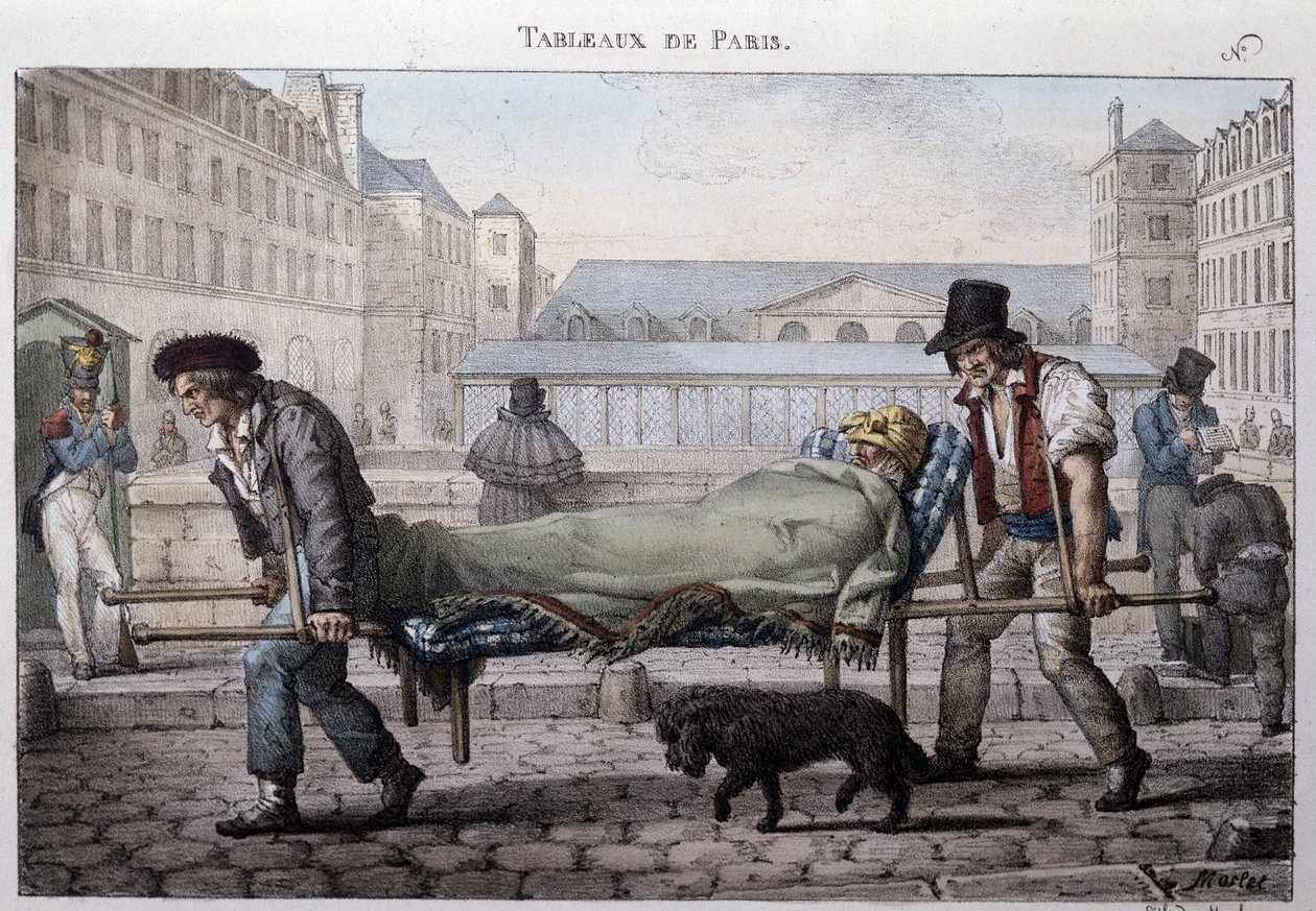 Dawny metier uliczny w Paryżu: biedny pacjent prowadzi na noszach do szpitala. Grawer Jean Henry Marlet (1771-1847) w „”Les Tableaux de Paris””, seria 72 rycin, koniec XIX wieku. autorstwa Jean Henri Marlet