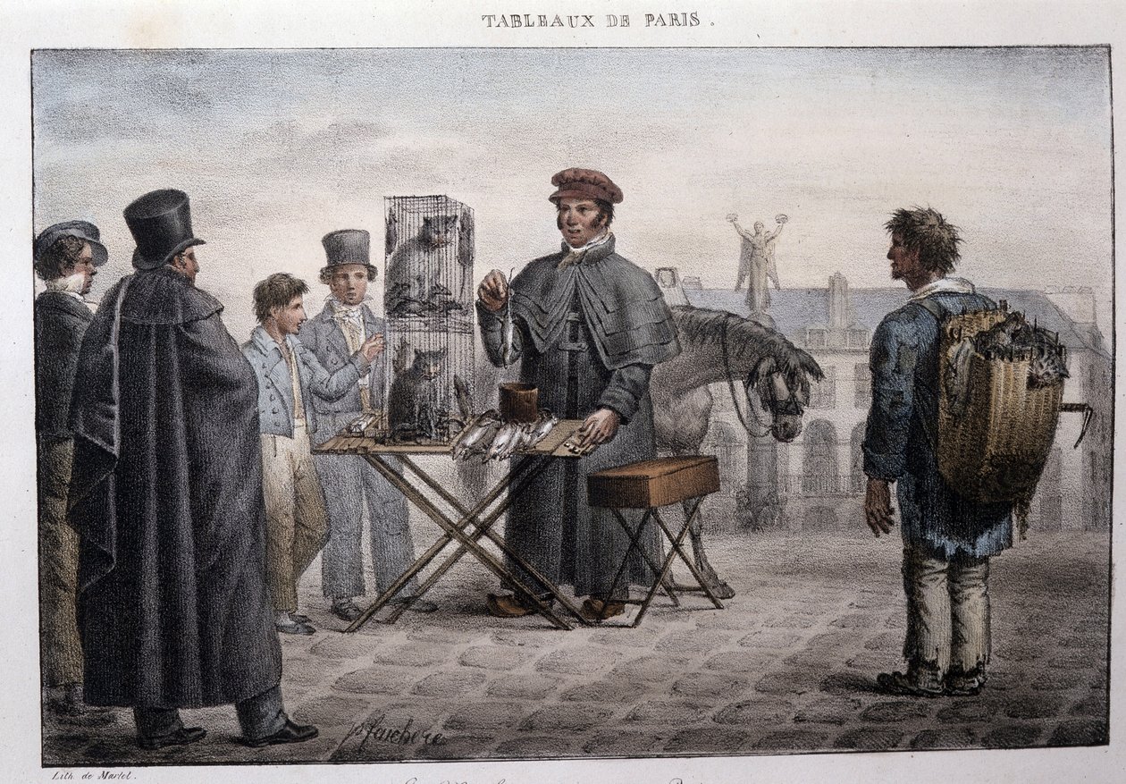 Dawny metier uliczny w Paryżu: handlarz śmiercią szczurów (camelot). Grawer Jean Henry Marlet (1771-1847) w „Les Tableaux de Paris”, seria 72 rycin, koniec XIX wieku. autorstwa Jean Henri Marlet