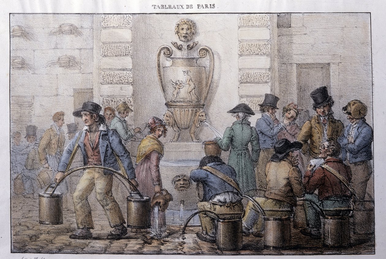 Dawny metier uliczny w Paryżu: nosiciel wody przed fontanną. Grawer Jean Henry Marlet (1771-1847) w „Les Tableaux de Paris”, seria 72 rycin, koniec XIX wieku. autorstwa Jean Henri Marlet