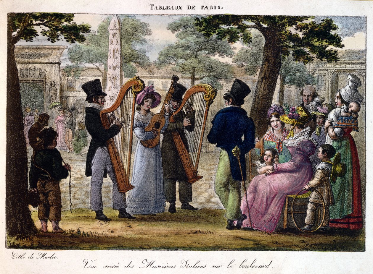 Muzycy włoscy występujący na bulwarze w Paryżu, z „Tableaux de Paris”, ok. 1820 autorstwa Jean Henri Marlet