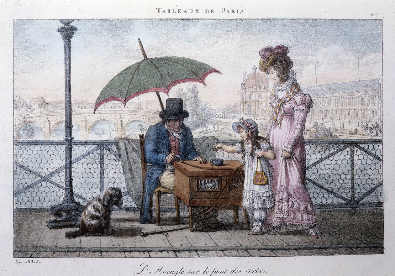 Stara scena uliczna w Paryżu: niewidomy żebrak na moście sztuki. Grawer Jean Henry Marlet (1771-1847) w „”Les Tableaux de Paris””, seria 72 rycin, koniec XIX wieku. autorstwa Jean Henri Marlet
