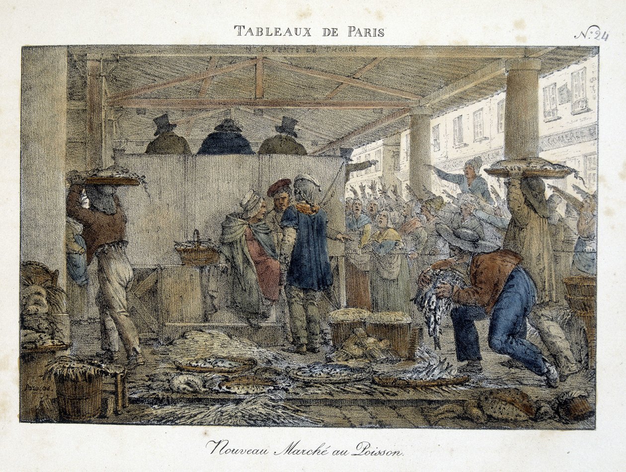 Nowy Targ Rybny w Paryżu - litografia Brocas autorstwa Jean Henri Marlet