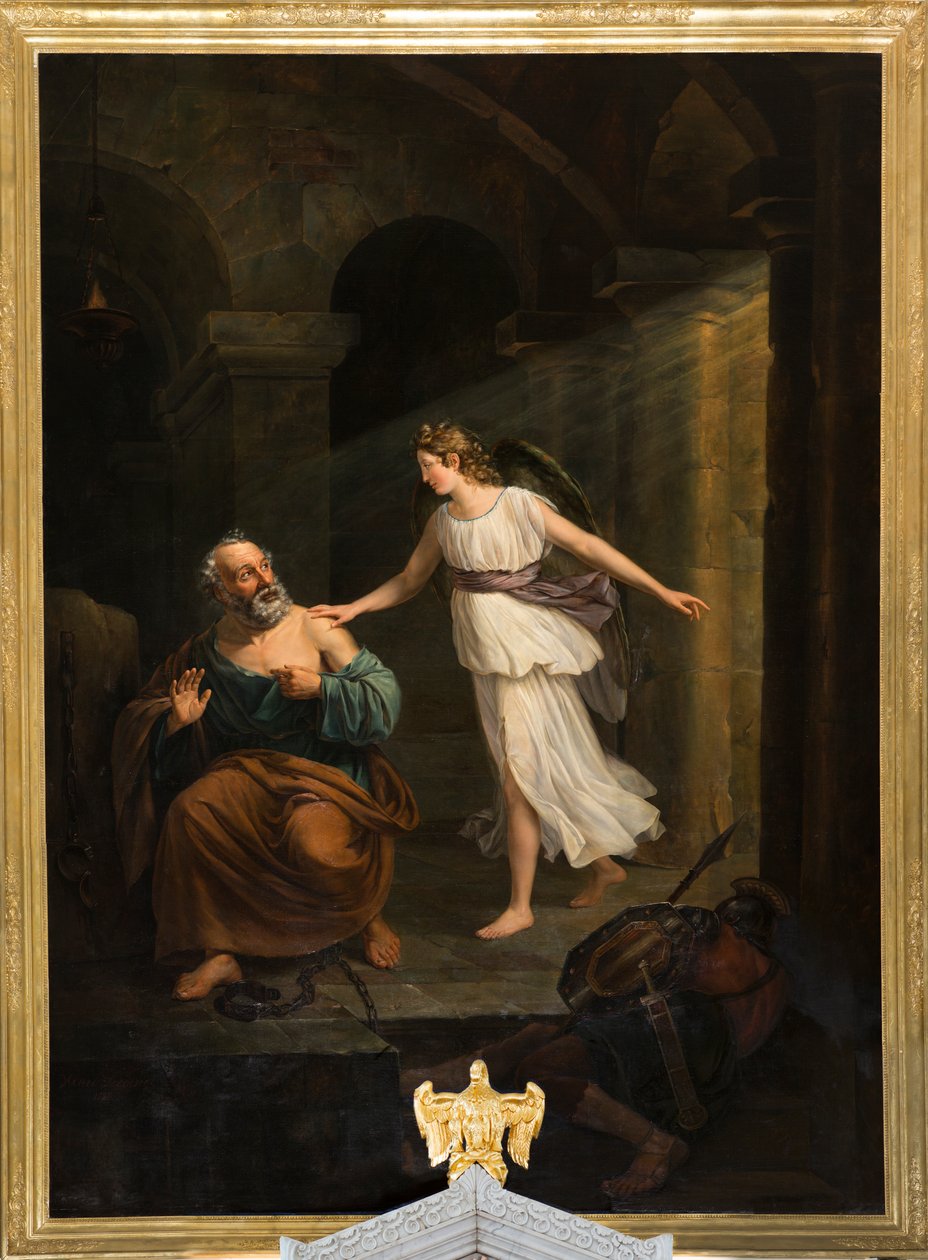 Kościół parafialny (Nederbrakel, Kościół parafialny Sint-Pieter-in-de-Banden). Wnętrze. obraz. „Święty Piotr wydany przez anioła i Tomasza”. Jean-Henri DeCoene. Około 1835 roku. autorstwa Jean Henri de Coene
