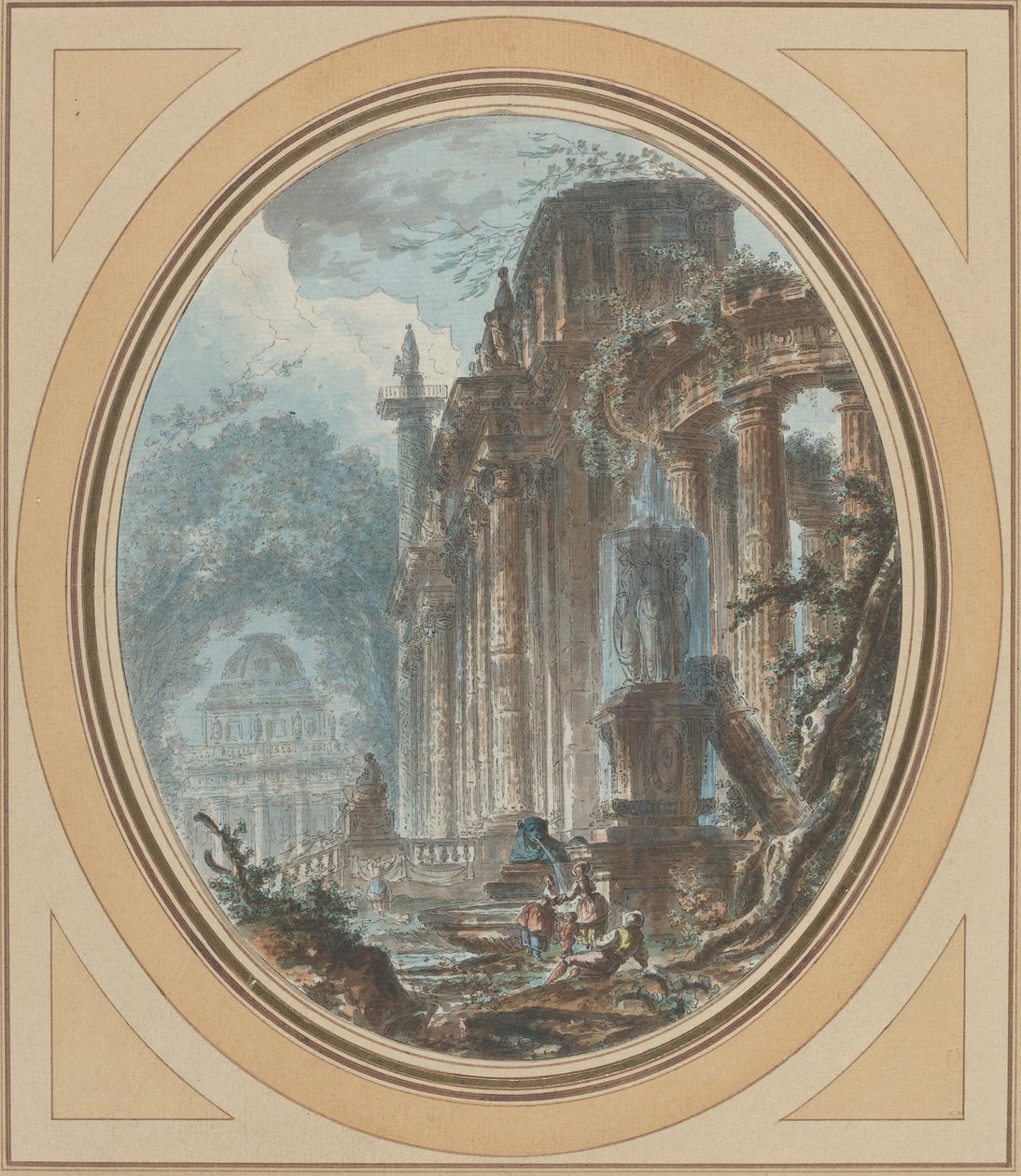 Ogród Capriccio z zabytkowymi ruinami autorstwa Jean Henry Alexandre Pernet