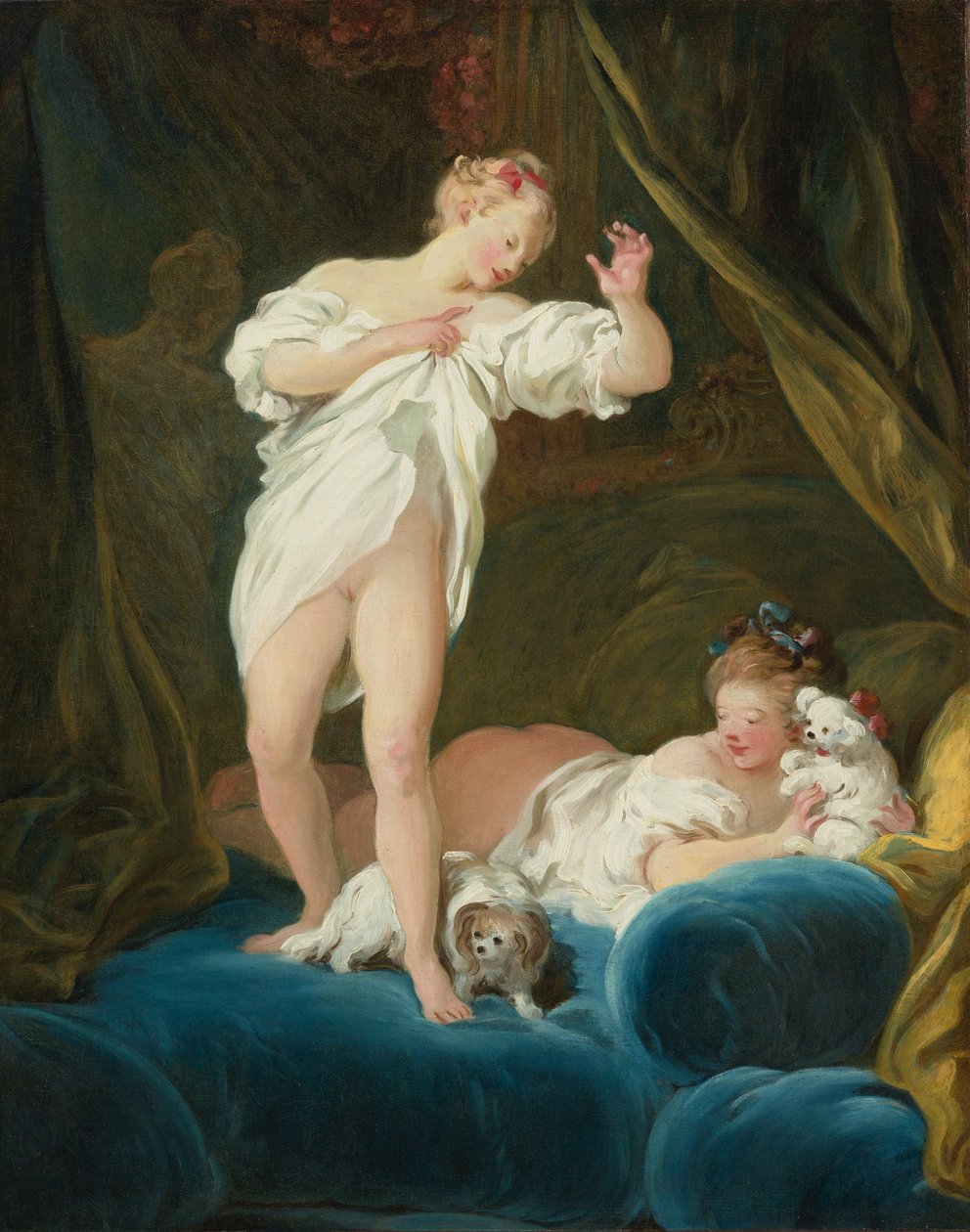 Dwie dziewczynki na łóżku bawiące się ze swoimi psami autorstwa Jean Honore Fragonard