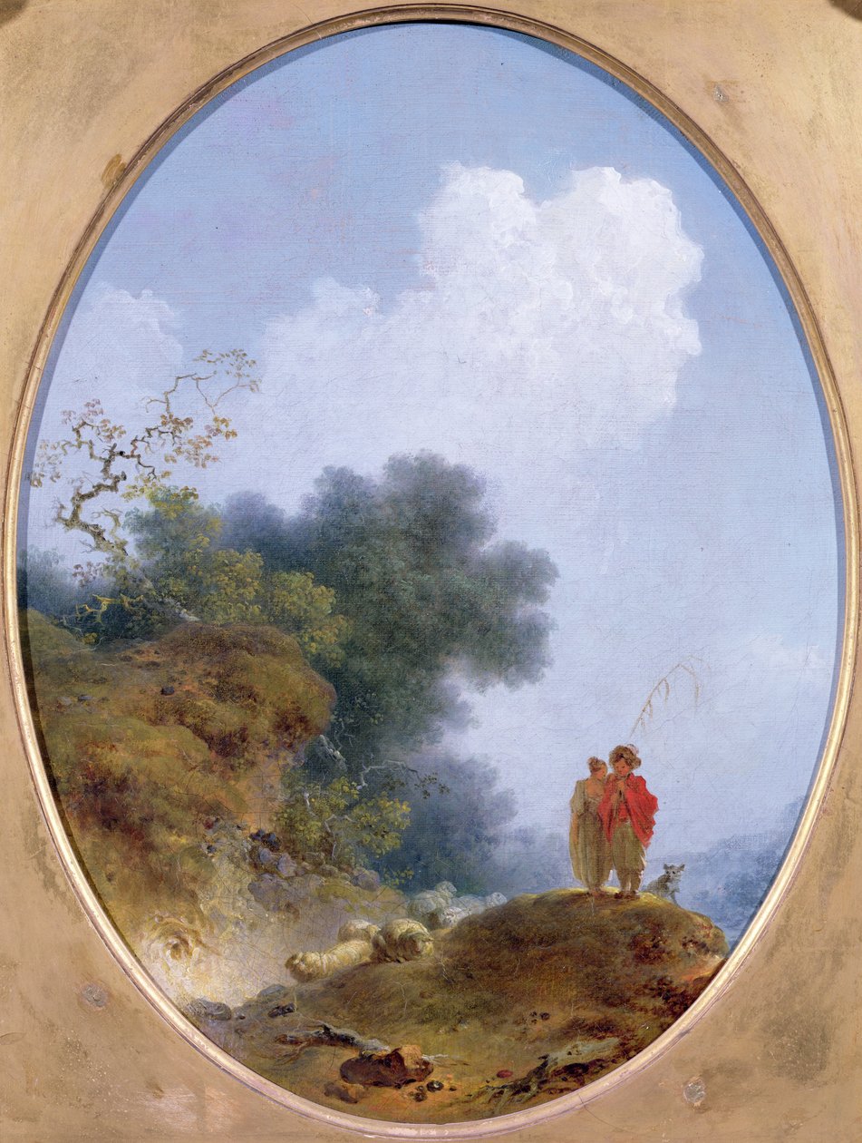 Pasterz grający na flecie, podczas gdy wiejska dziewczyna słucha, 1765 autorstwa Jean Honore Fragonard