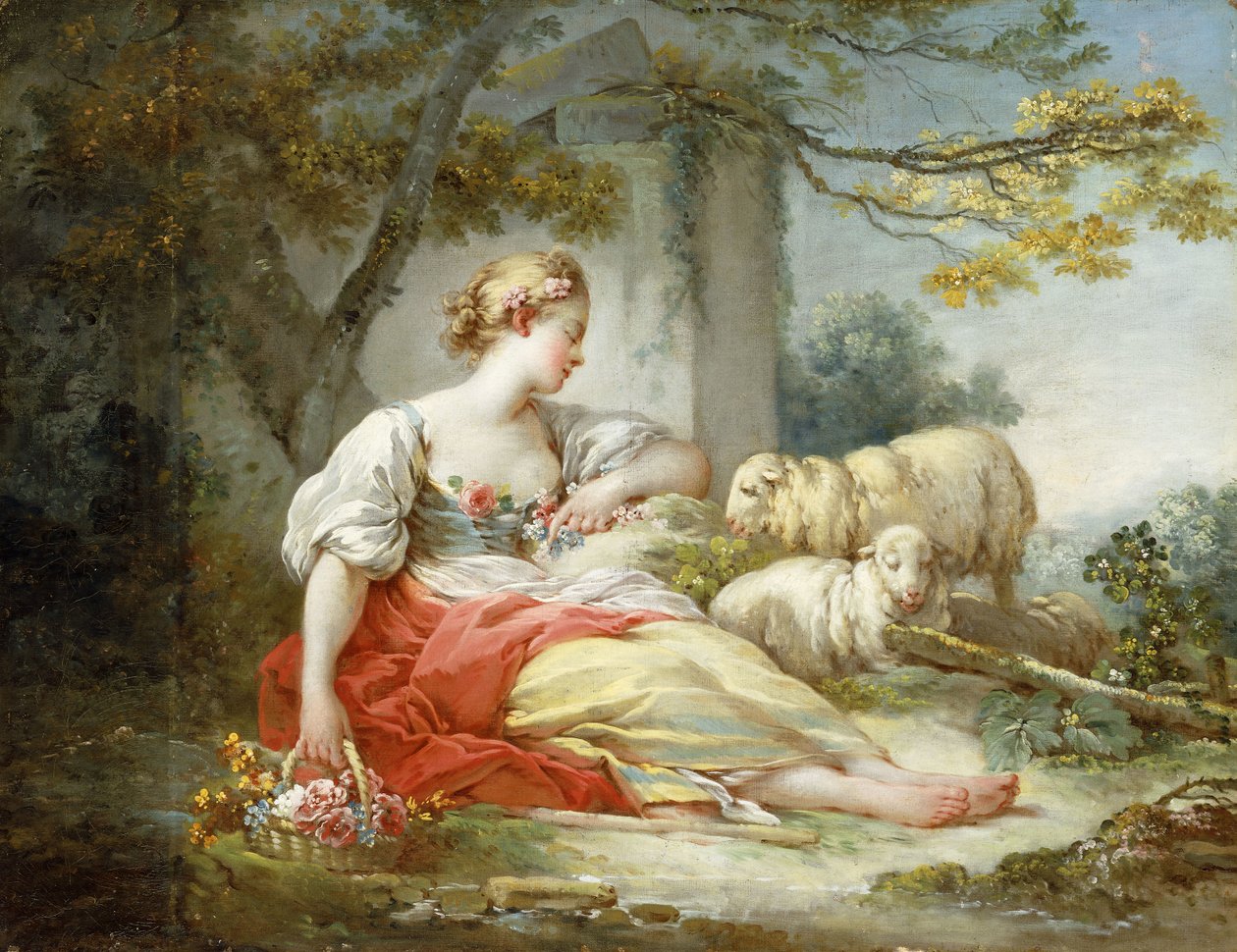 Pasterka siedząca z owcami i koszem kwiatów w pobliżu ruiny w zalesionym krajobrazie, autorstwa Jean Honore Fragonard