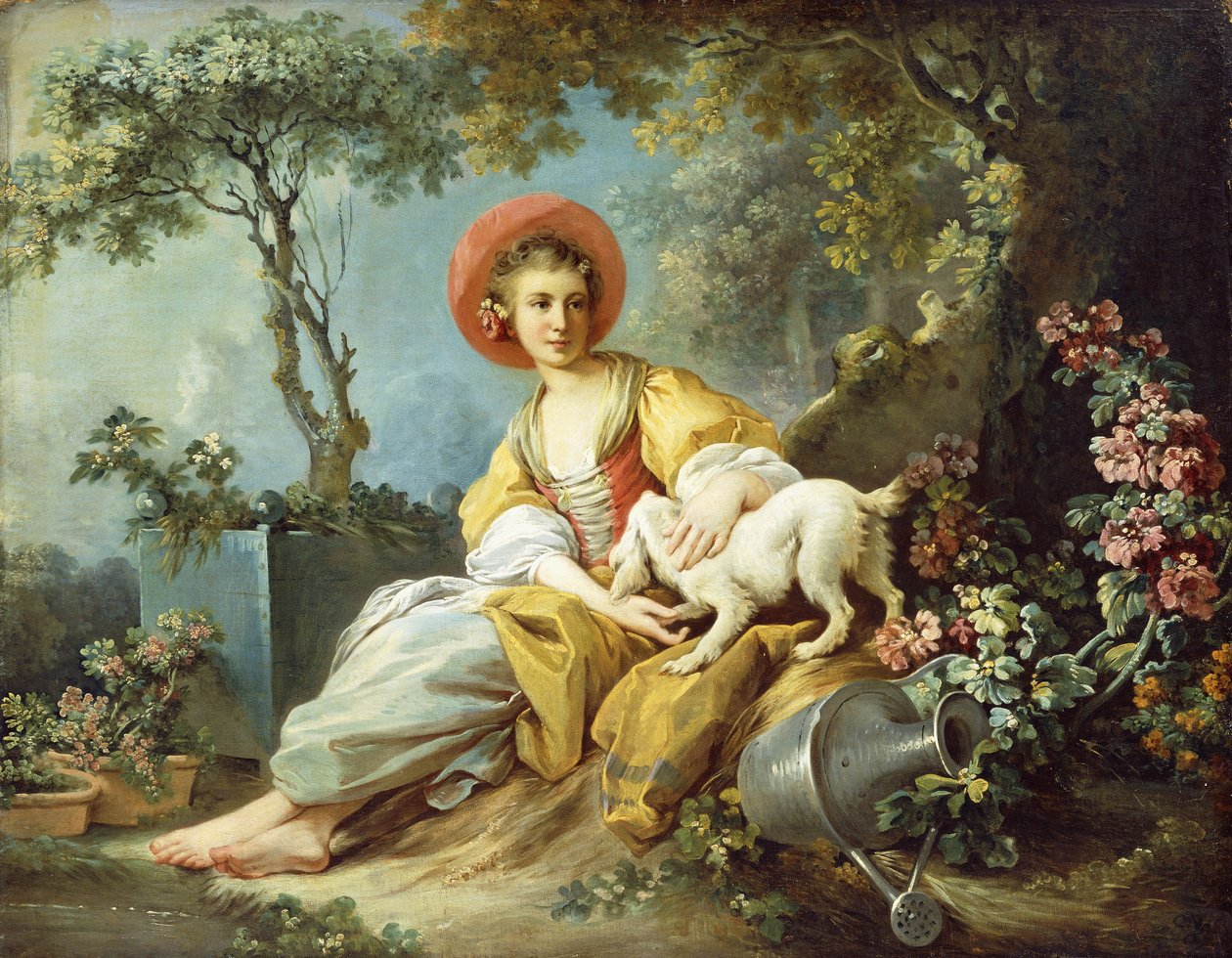 Młoda kobieta siedząca z psem i konewką w ogrodzie, autorstwa Jean Honore Fragonard