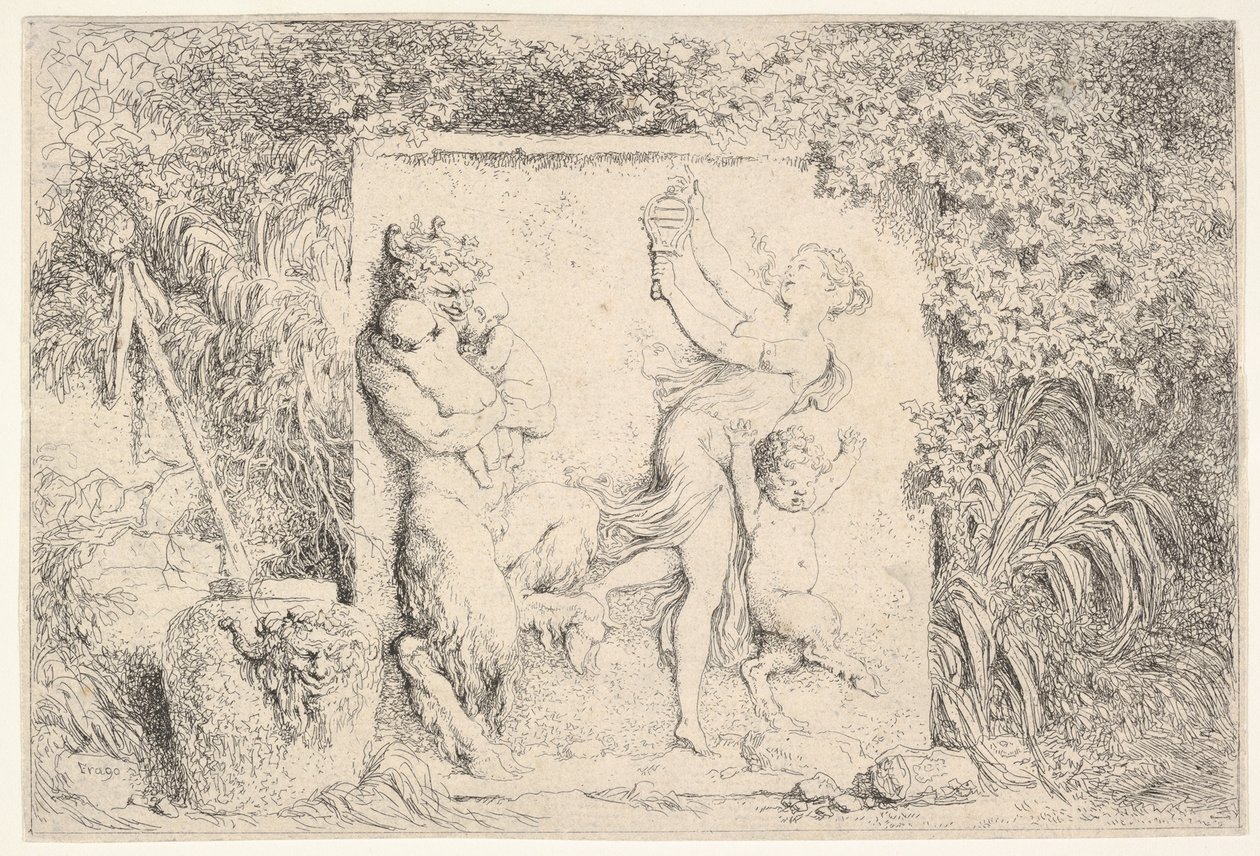 Płaskorzeźba przedstawiająca satyra z lewej strony trzymającego dwoje niemowląt, innego satyra dziecięcego z prawej..., 1763. autorstwa Jean Honore Fragonard