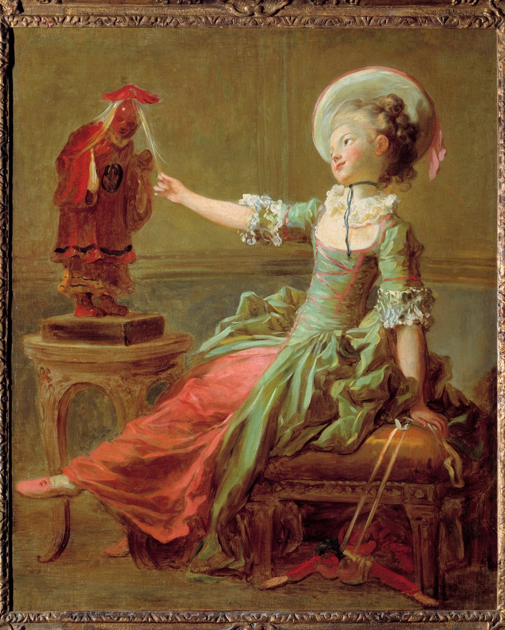 Młoda dziewczyna bawi się chińskim posągiem ciągnącym jej włosy. Obraz Jeana Honore Fragonarda (1732-1806) XVIII wiek Kolekcja prywatna autorstwa Jean Honore Fragonard