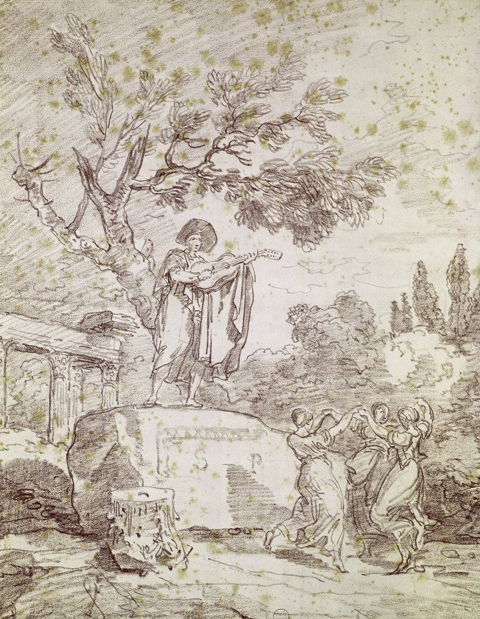 Włoski gitarzysta grający dla trzech tańczących dziewcząt (czerwona kreda na papierze) autorstwa Jean Honore Fragonard