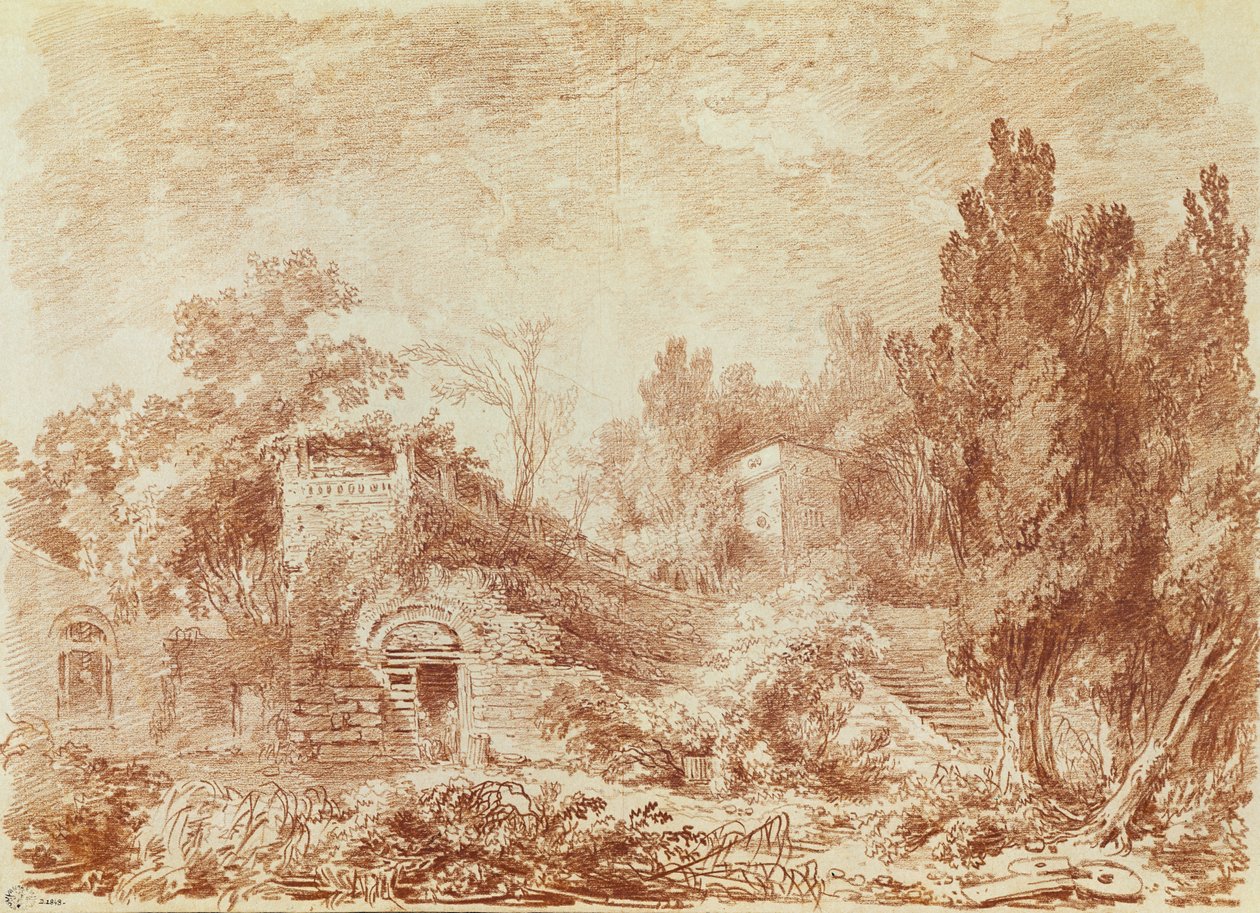 Teatr Antyczny, Willa Hadriana, niedaleko Tivoli (czerwona kreda na papierze) autorstwa Jean Honore Fragonard