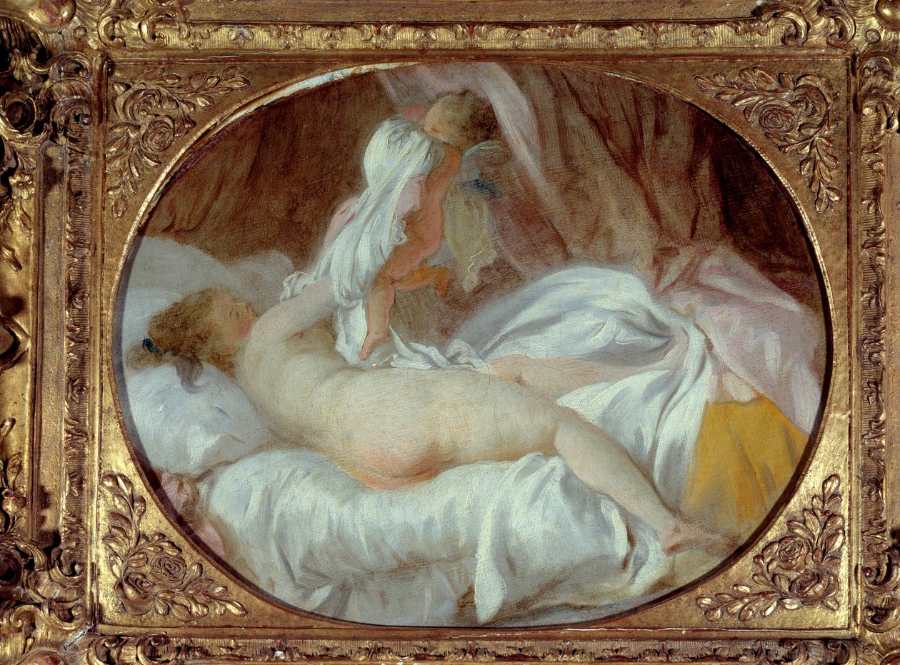 Erotyka: „”Koszula zdjęta””” Młoda kobieta zdejmująca koszulę z pomocą Miłości. Obraz Jean-Honore Fragonard (1732-1806) Przed 1778 Sun. 0,35x0,42m. autorstwa Jean Honore Fragonard