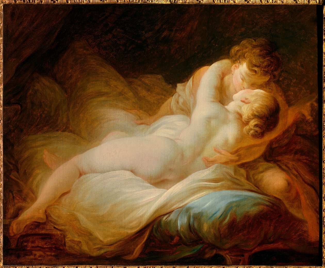 Erotyka: „” chwila pożądania””” lub „”szczęśliwi kochankowie””” Para całująca się w łóżku. Obraz Jeana Honore Fragonarda (1732-1806) XVIII wiek. Prywatna kolekcja autorstwa Jean Honore Fragonard