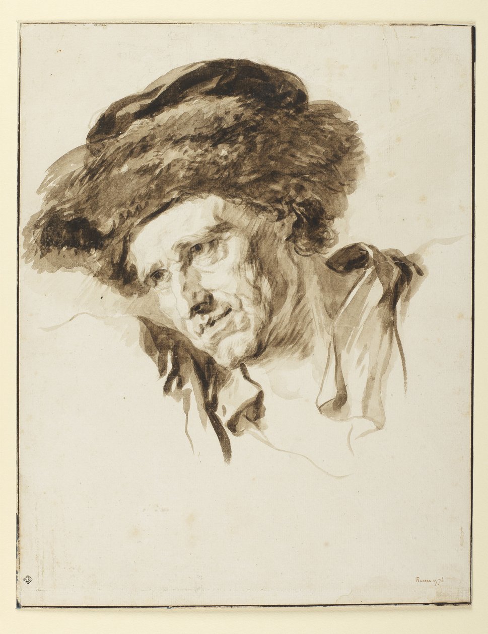 Głowa mężczyzny w futrzanej czapce, 1774 (pióro i atrament, pranie i grafit na papierze) autorstwa Jean Honore Fragonard