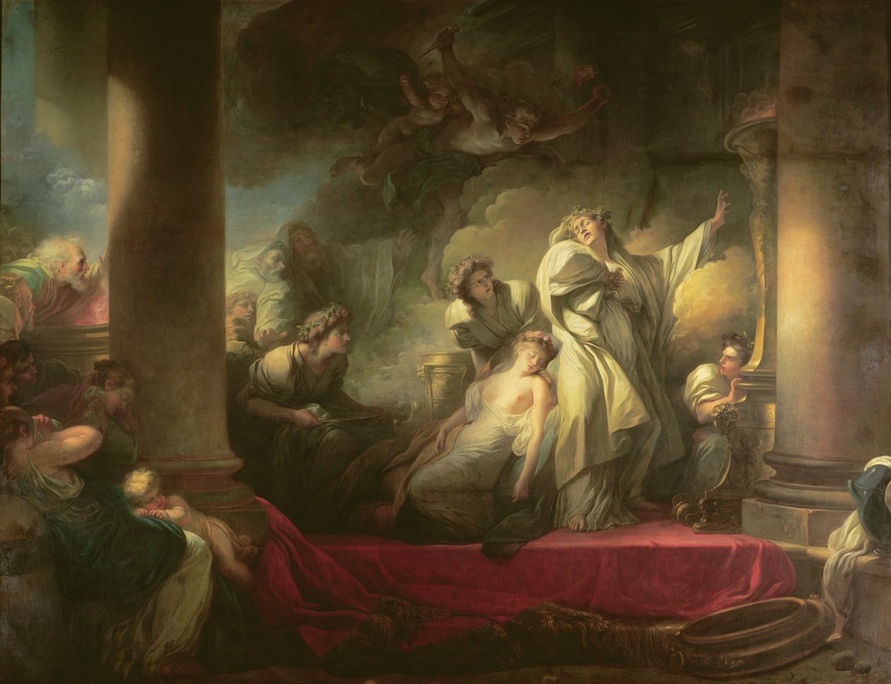 Arcykapłan Coresus poświęcający się, by ocalić Callirhoe, scena z „Opisu Grecji” Pauzaniasza (II wne) 1765 autorstwa Jean Honore Fragonard
