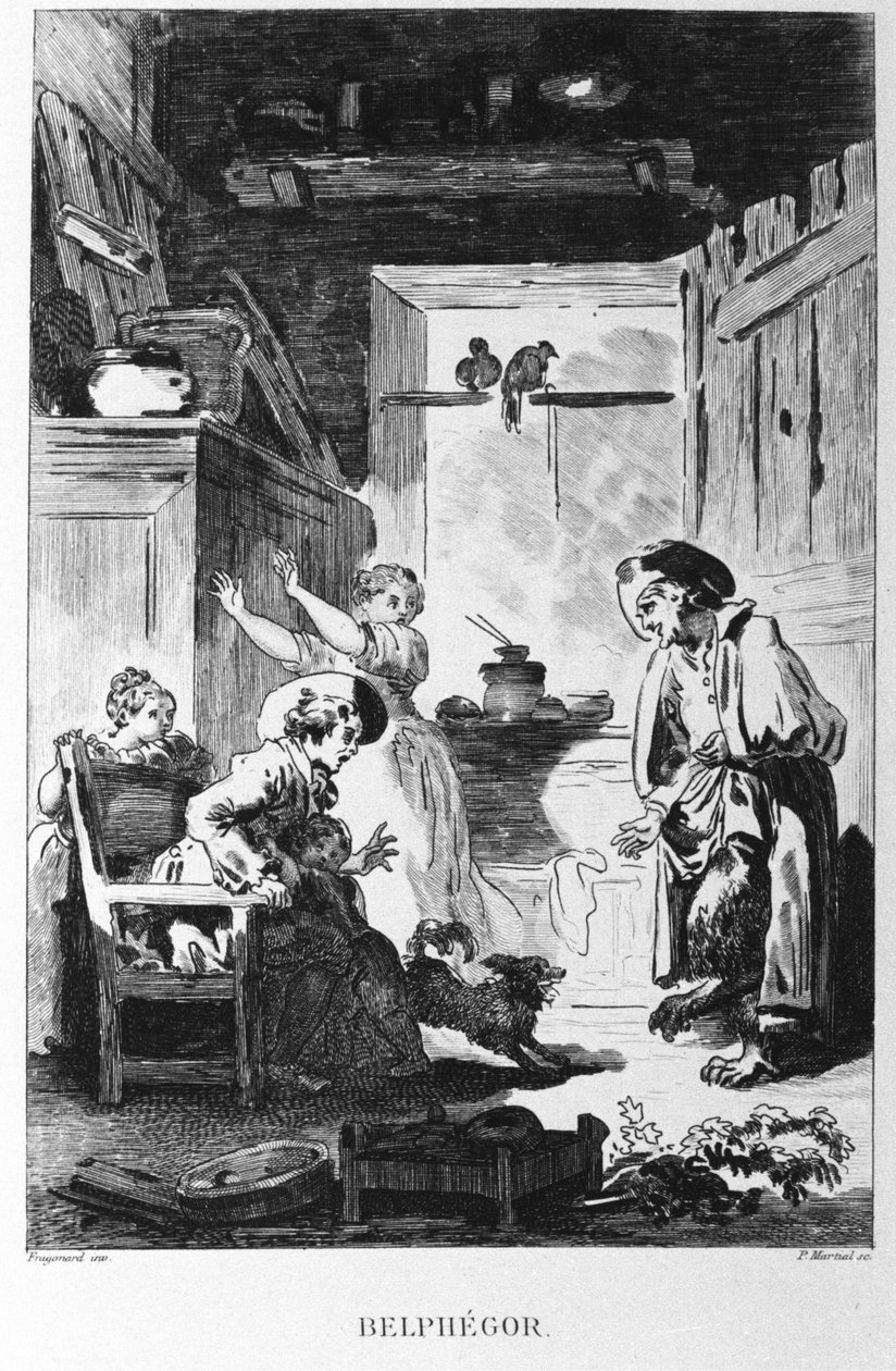 Ilustracja Jeana Honore Fragonarda (1732-1806) do bajki Jeana de la Fontaine (1621-1695) „Belphegor”. Rytownictwo. autorstwa Jean Honore Fragonard