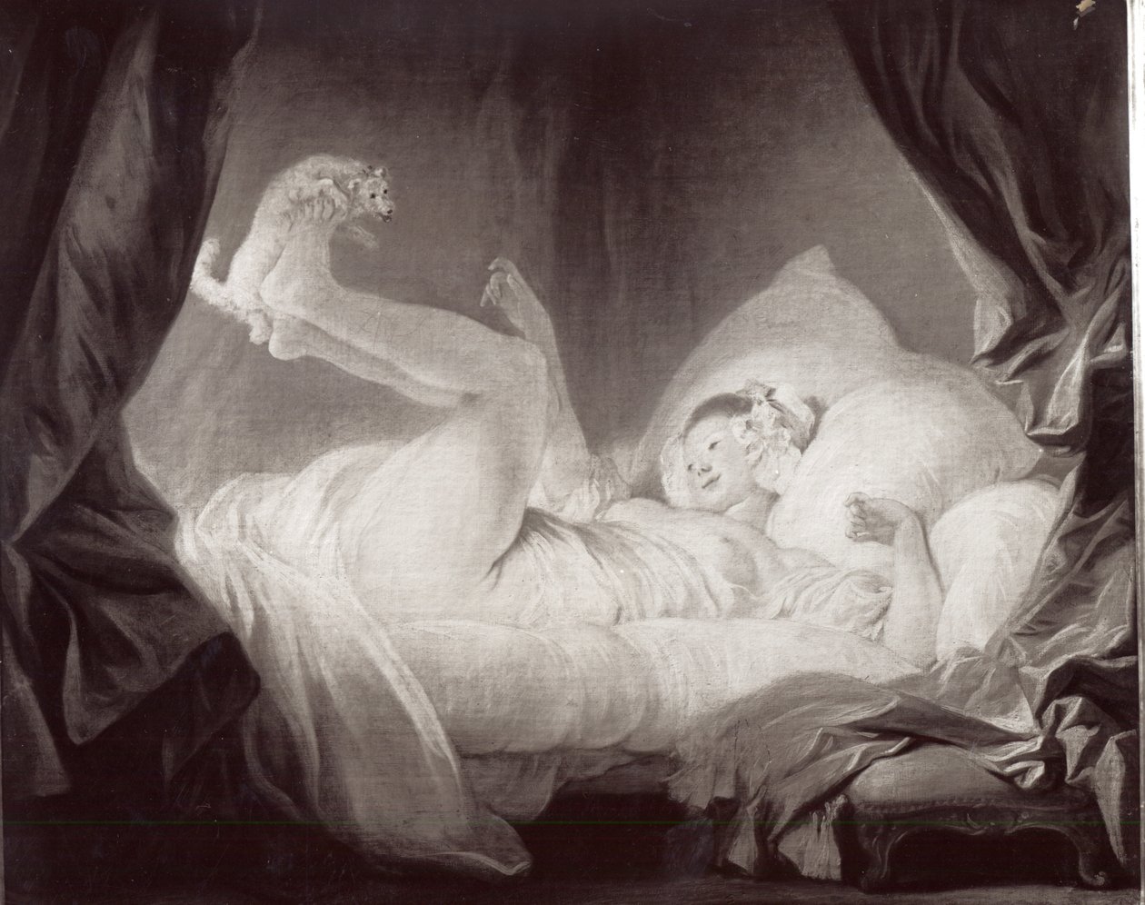 La Gimblette lub młoda dziewczyna zmuszająca psa do tańca na łóżku (olej na płótnie) (zdjęcie czarno-białe) autorstwa Jean Honore Fragonard