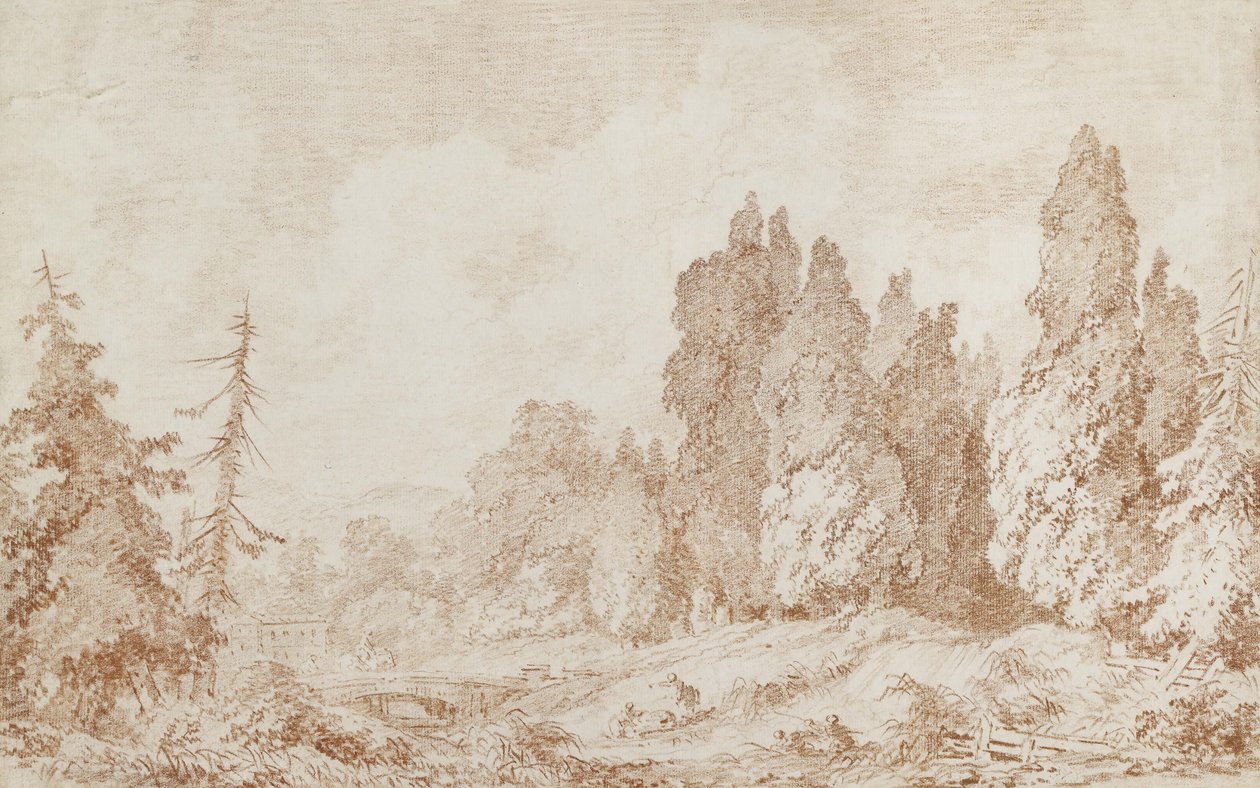 Pejzaż z mostem, ok. 1760 (czerwona kreda na papierze w kolorze złamanej bieli) autorstwa Jean Honore Fragonard
