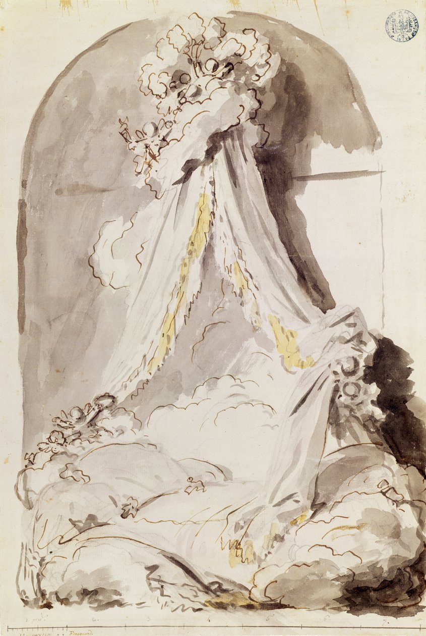 Łóżko dla zakochanych (pióro i atrament i pranie na papierze) autorstwa Jean Honore Fragonard