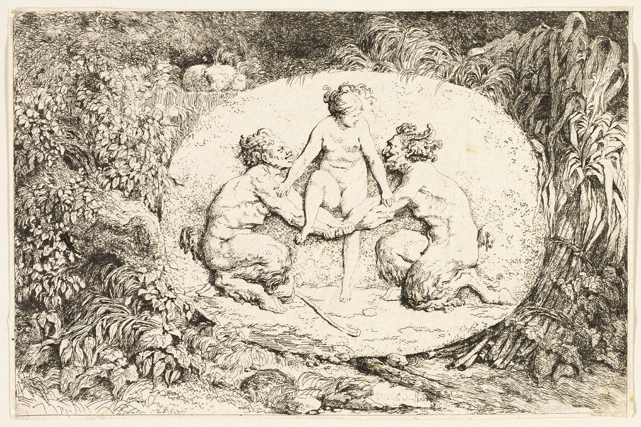 Nimfa siedząca na rękach dwóch satyrów z Bachanaliów, czyli zabaw satyrów autorstwa Jean Honore Fragonard
