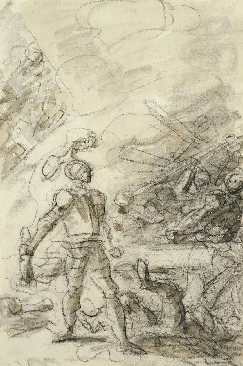 Orlando obezwładnia bandytę ognistą marką (pióro i atrament, kreda i pranie na papierze) autorstwa Jean Honore Fragonard