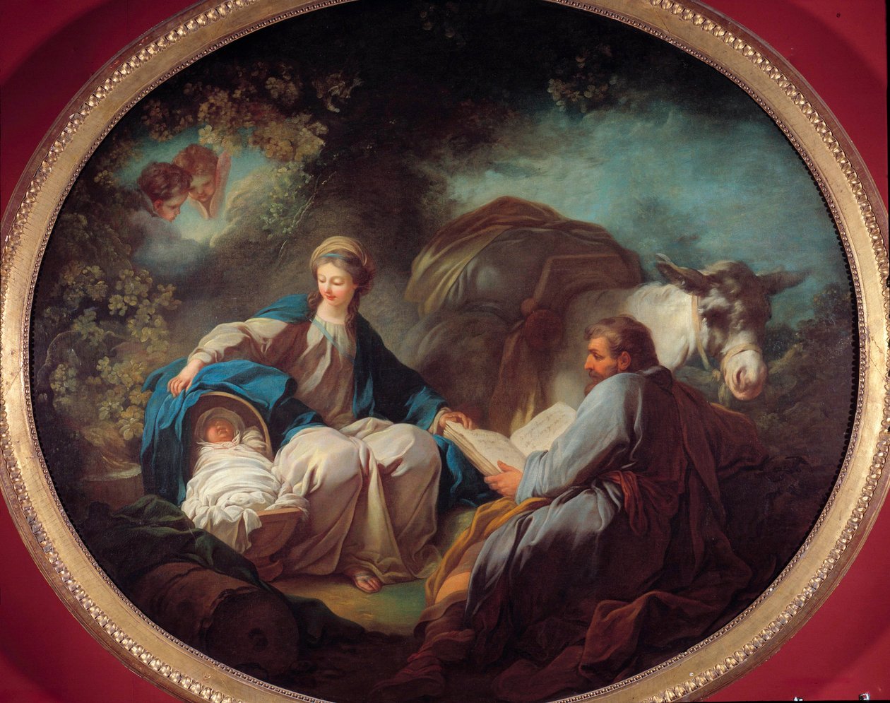 Odpoczynek podczas lotu do Egiptu Święta rodzina odpoczywa podczas podróży. Obraz Jeana Honore Fragonarda (1732-1806) XVIII wiek Kolekcja prywatna autorstwa Jean Honore Fragonard
