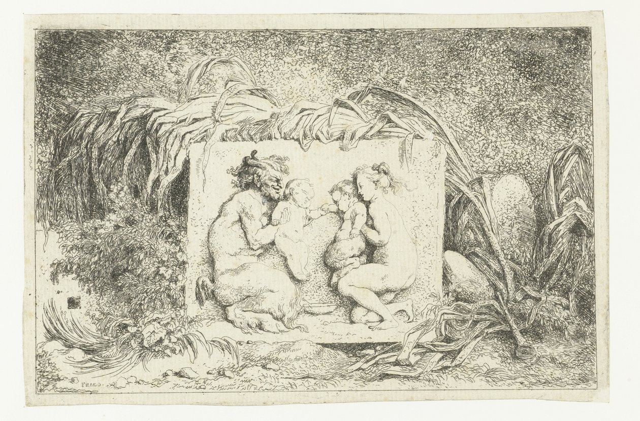 Satyr i nimfa z dwójką dzieci Bachanalia (tytuł serii) Nimfy i satyry (tytuł serii) autorstwa Jean Honore Fragonard
