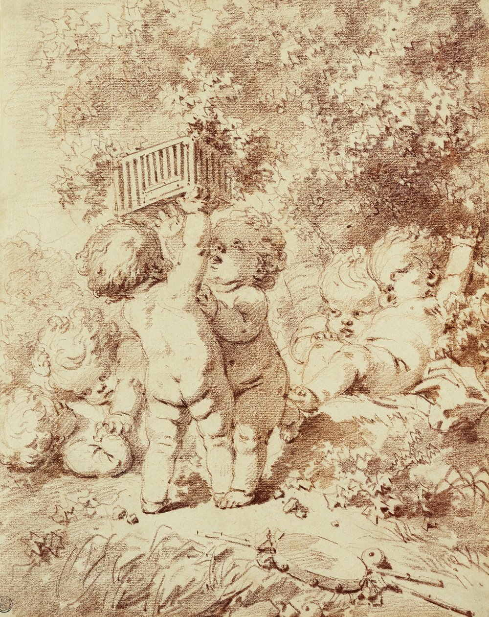 Sześciu Putti w zabawie, dwóch trzyma klatkę, autorstwa Jean Honore Fragonard