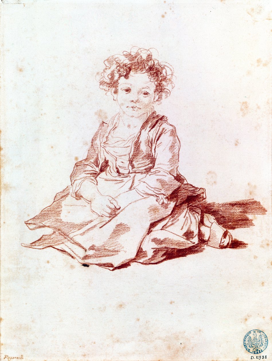 Mała dziewczynka siedzi na ziemi (czerwona kreda na papierze) autorstwa Jean Honore Fragonard