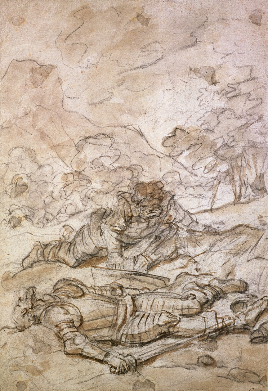 Smutna sytuacja Don Kichota i Sancho Pansy, źle traktowani przez galerowych niewolników, XVIII w. autorstwa Jean Honore Fragonard