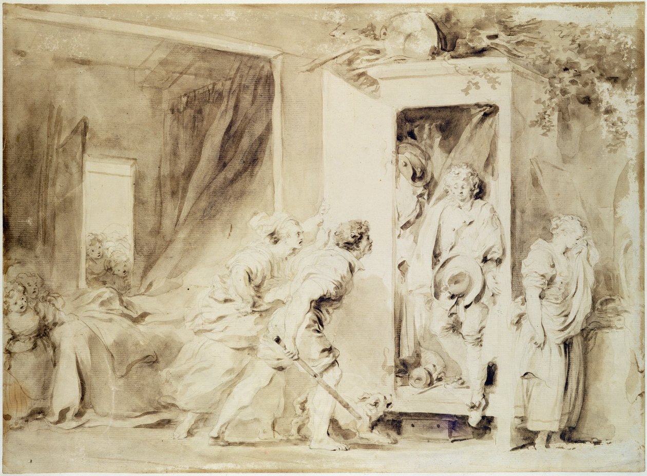 Zaskoczony kochanek, 1755 (brązowy ołówek na wstępnym rysunku kredą) autorstwa Jean Honore Fragonard