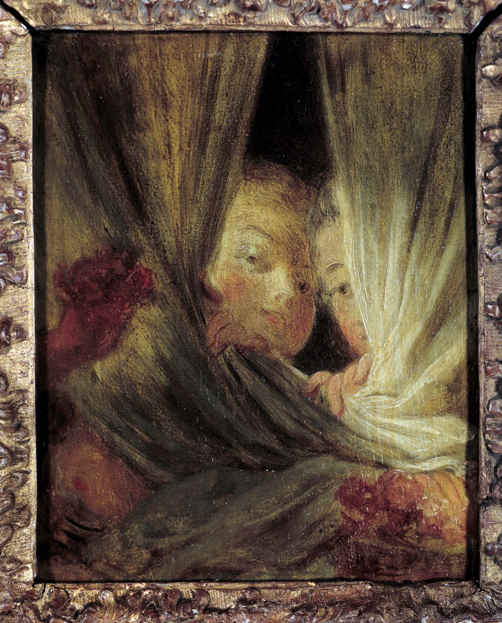 Ciekawski Dwie małe dziewczynki szpiegujące za zasłonami. Obraz Jean-Honore Fragonard (1732-1806) XVIII w. Słońce. 0,16x0,12m. autorstwa Jean Honore Fragonard