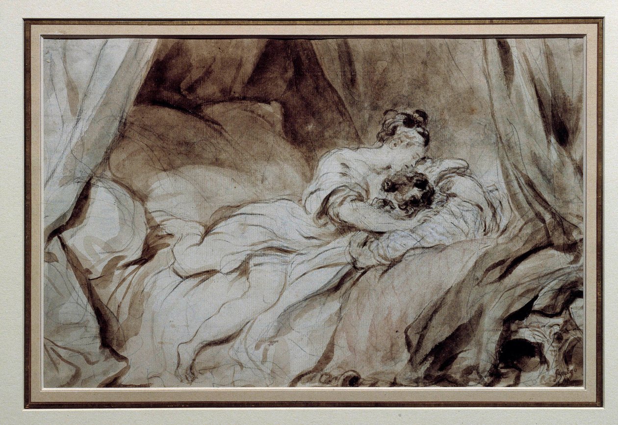 Szczęśliwy moment Para głaszcząc się w łóżku. Rysunek w Bistre Wash autorstwa Jean Honore Fragonard (1732-1806) Prywatna kolekcja z XVIII wieku autorstwa Jean Honore Fragonard