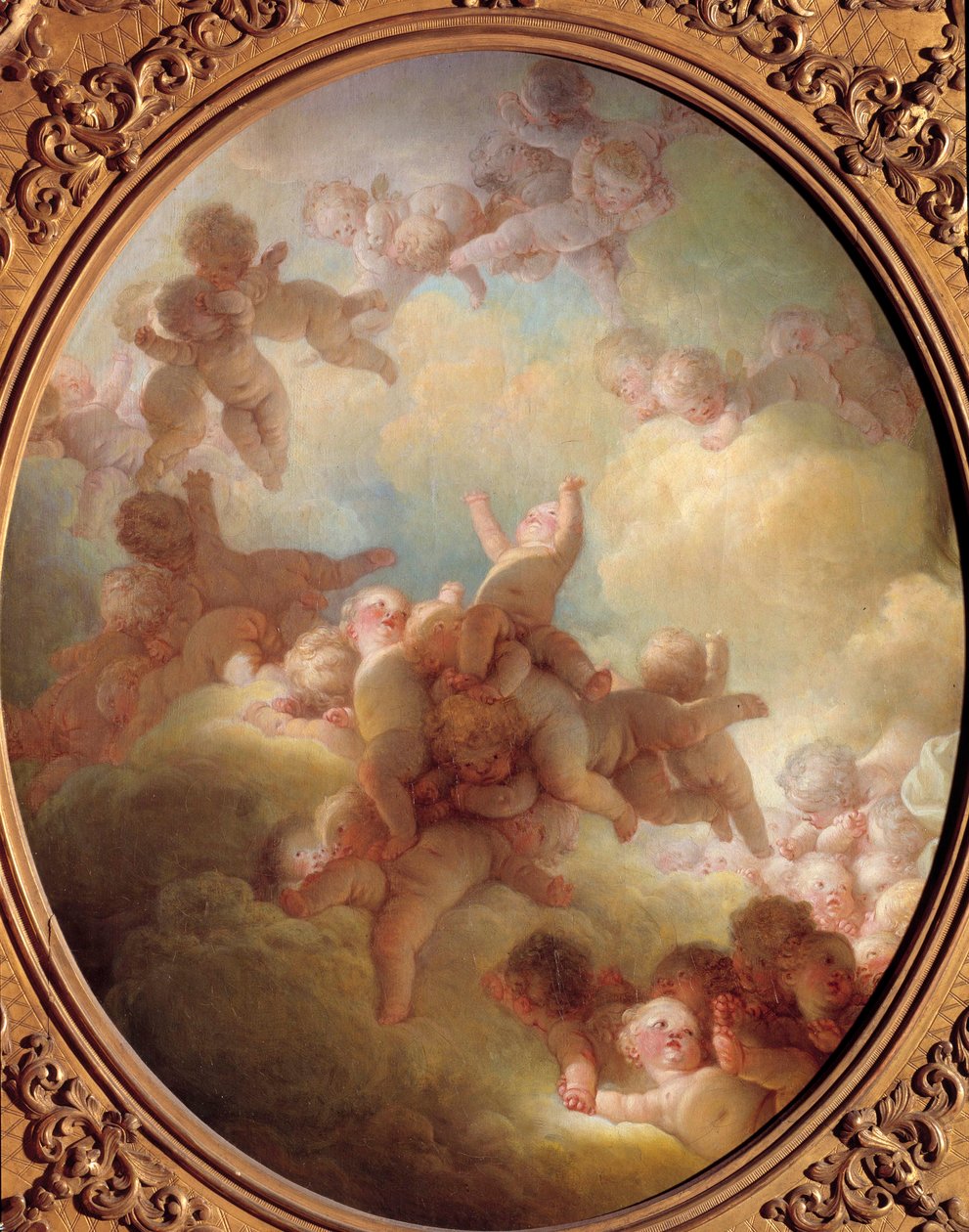 Rój Grupy Miłości w chmurach. Obraz Jeana Honore Fragonarda (1732-1806) XVIII w. Słońce. 0,56x0,65 m paryskie musee du Louvre autorstwa Jean Honore Fragonard