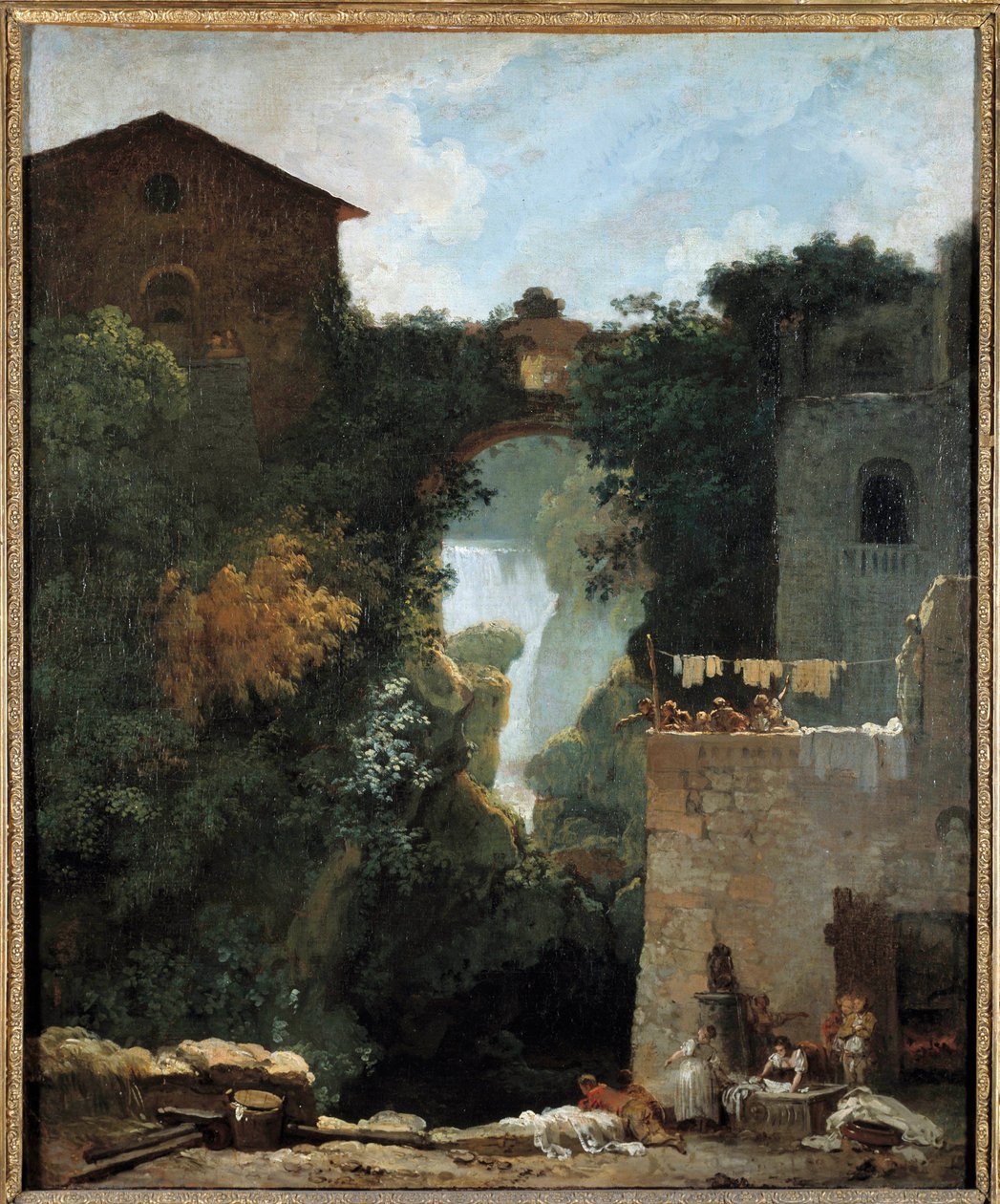 Wodospady Tivoli Des lavandières w krajobrazie wodospadów. Obraz Jean-Honore Fragonard (1732-1806) XVIII w. Słońce. 0,72x0,6m. autorstwa Jean Honore Fragonard