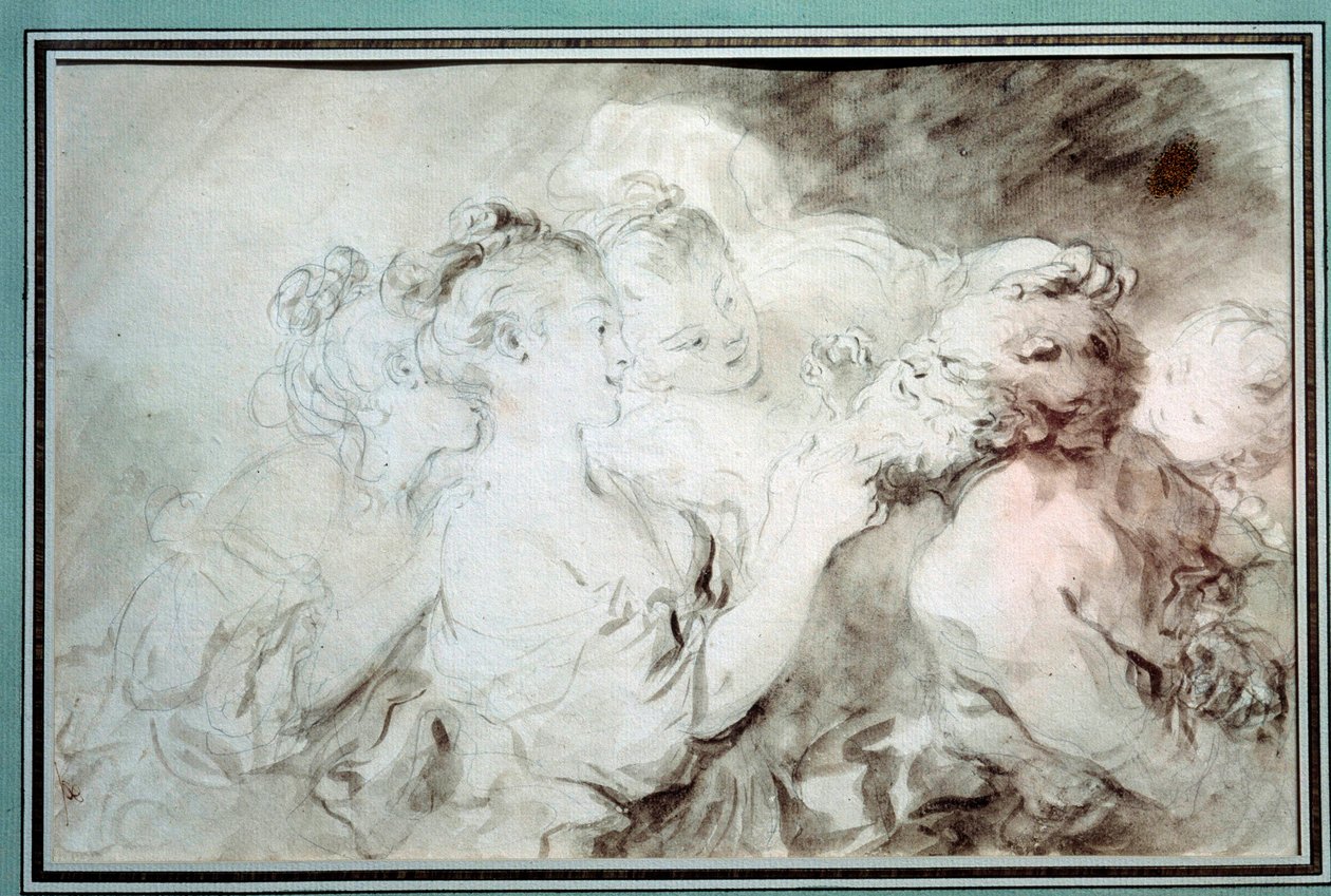 Młode dziewczęta zapasy satyry Młode kobiety zabawy z brodą satyry. Rysunek w Bistre Wash autorstwa Jean Honore Fragonard (1732-1806) XVIII-wieczna kolekcja prywatna autorstwa Jean Honore Fragonard