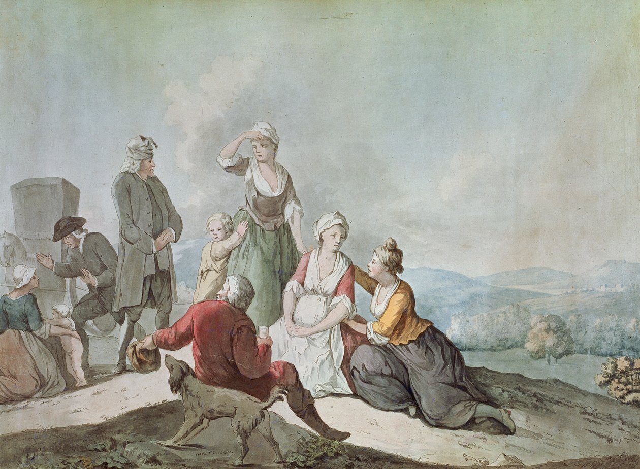 Voltaire rozmawia z chłopami w Ferney autorstwa Jean Huber