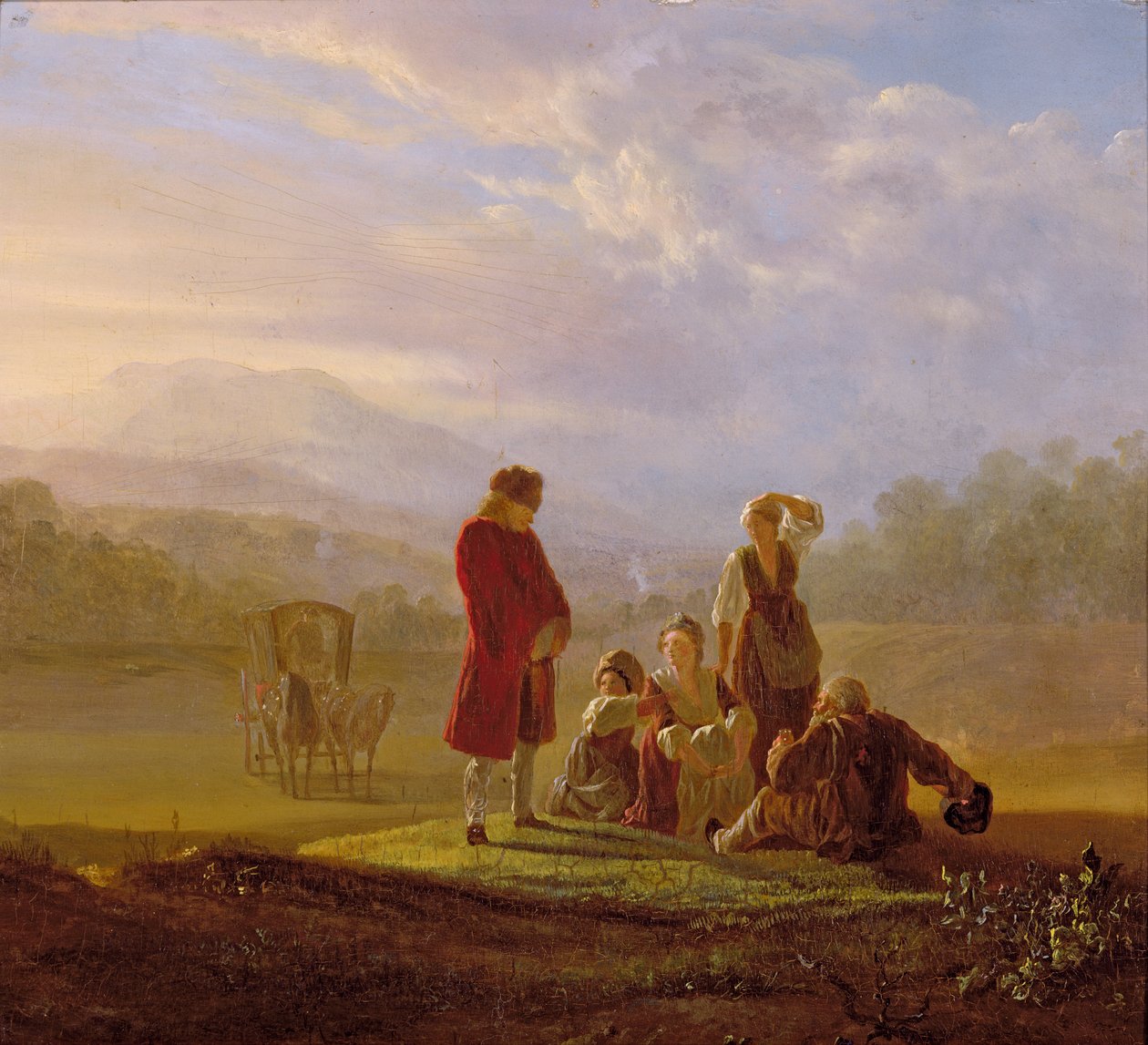 Voltaire rozmawia z chłopami w Ferney autorstwa Jean Huber