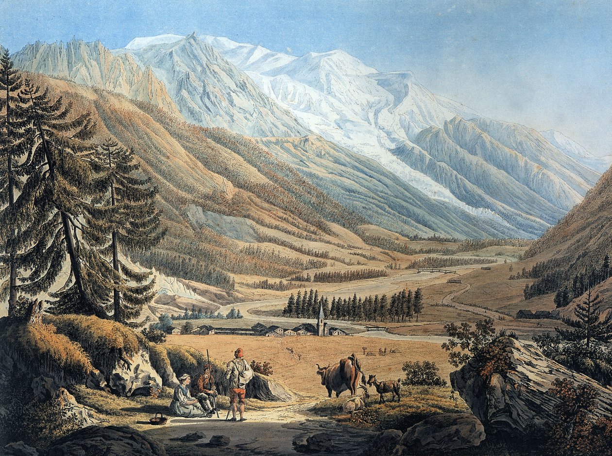 widok na dolinę Chamonix z wioski Argentiere autorstwa Jeana Daniela Hubera podczas podróży ok. 1785 r. (rycina) autorstwa Jean Huber