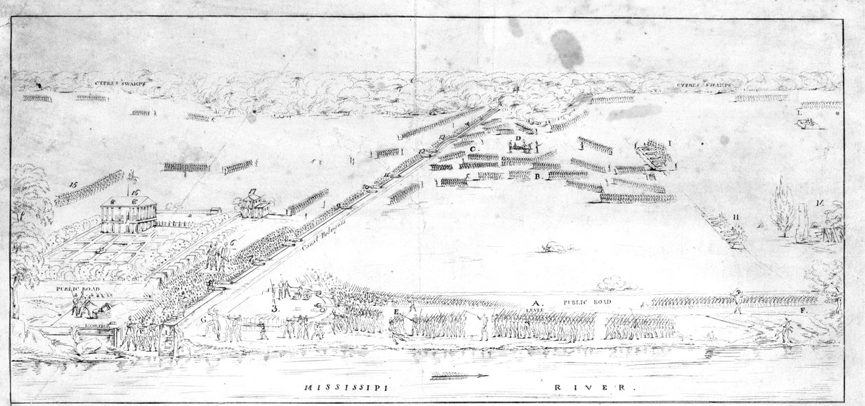 Widok bitwy w pobliżu plantacji Chalmettes, 8 stycznia 1815 r. autorstwa Jean Hyacinthe Laclotte