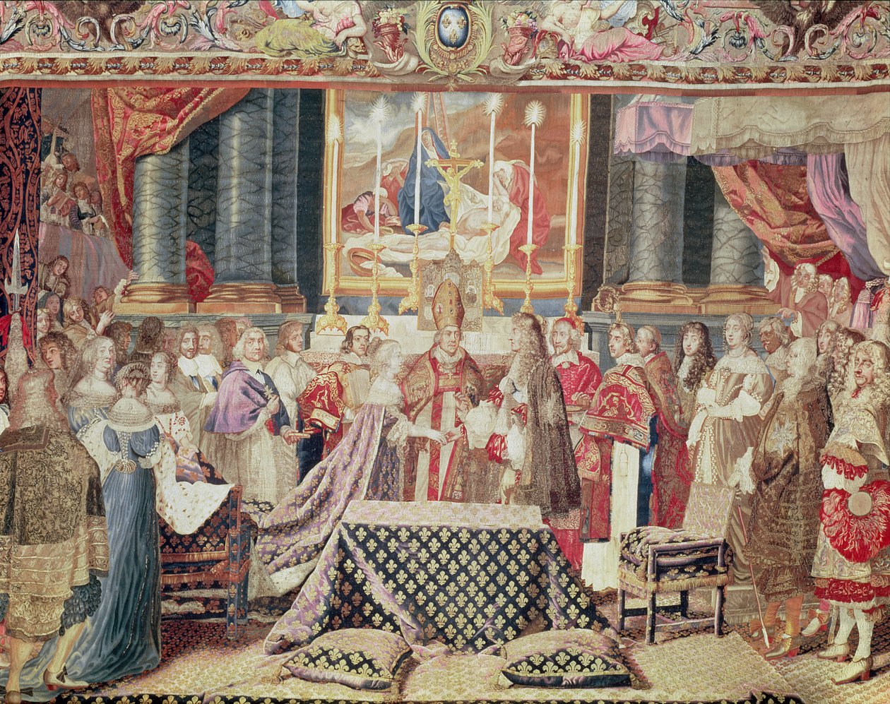 Wesele króla (Ludwik XIV), z „Historii króla” z kreskówki Lebruna, gobelin gobelin, tkany na krośnie o wysokiej osnowie (wełna, jedwab i złoto) autorstwa Jean II Jans