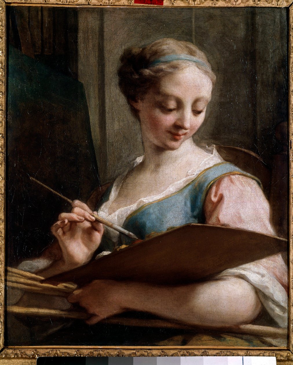 Alegoria malarstwa Młoda kobieta trzyma paletę. Obraz Jeana Restouta (1692-1768) XVIII w. Słońce. 0,54x0,45 m Saint Quentin, Musee Lecuyer autorstwa Jean II Restout