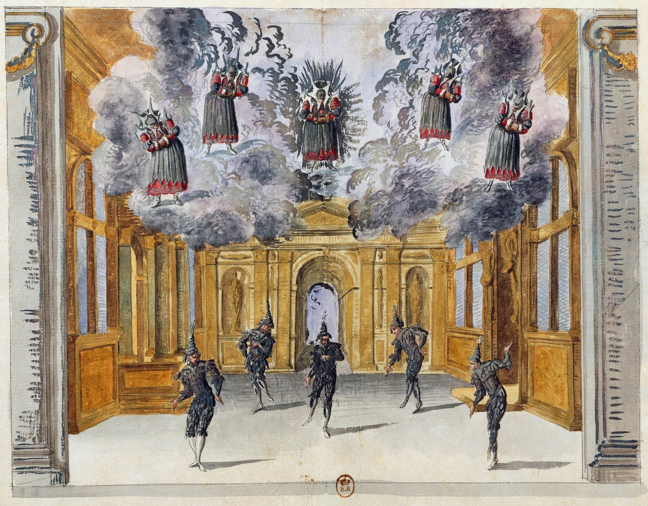 Scenografia Jeana Beraina Starszego (1640-1711) do baletu Le feste di Amore e di Bacco (Święto Miłości i Bachusa), baletu Jean-Baptiste Lully (1632-1687), wykonywanego w Palais-Royal w Paryżu, 15 listopada autorstwa Jean I  Berain