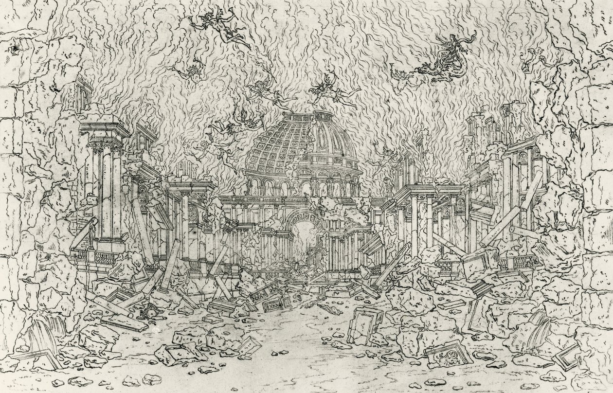 Zniszczenie budynku, szkic Jean Berain (1640-1711), dla Armide, Jean-Baptiste Lully (1632-1687), Francja autorstwa Jean I  Berain