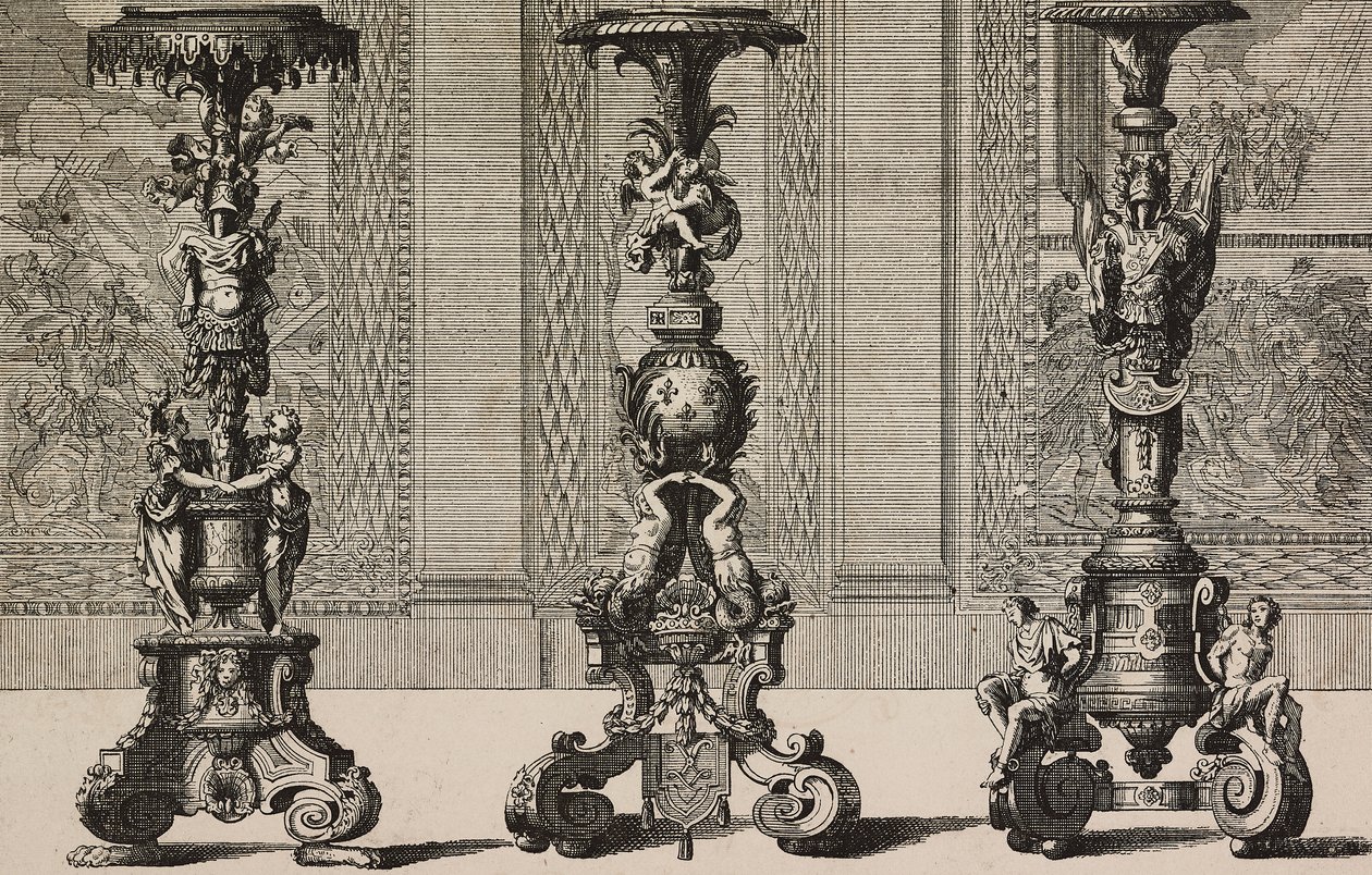 Duże świeczniki z brązu, grawer Jean Berain (1640-1711) z L