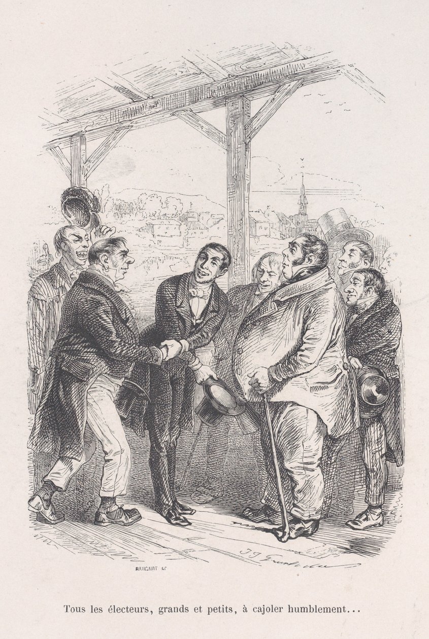 Wszyscy wyborcy, duzi i mali, zbierają się, aby pokornie namawiać się nawzajem... z Małej Miseries z..., 1843. autorstwa Jean Ignace Isidore Gérard
