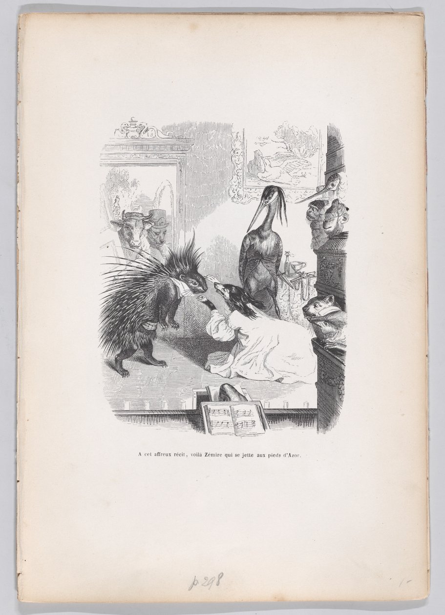 Na tę przerażającą historię Zemire rzuca się do stóp Azora ze Scen z ..., ca. 1837-47. autorstwa Jean Ignace Isidore Gérard